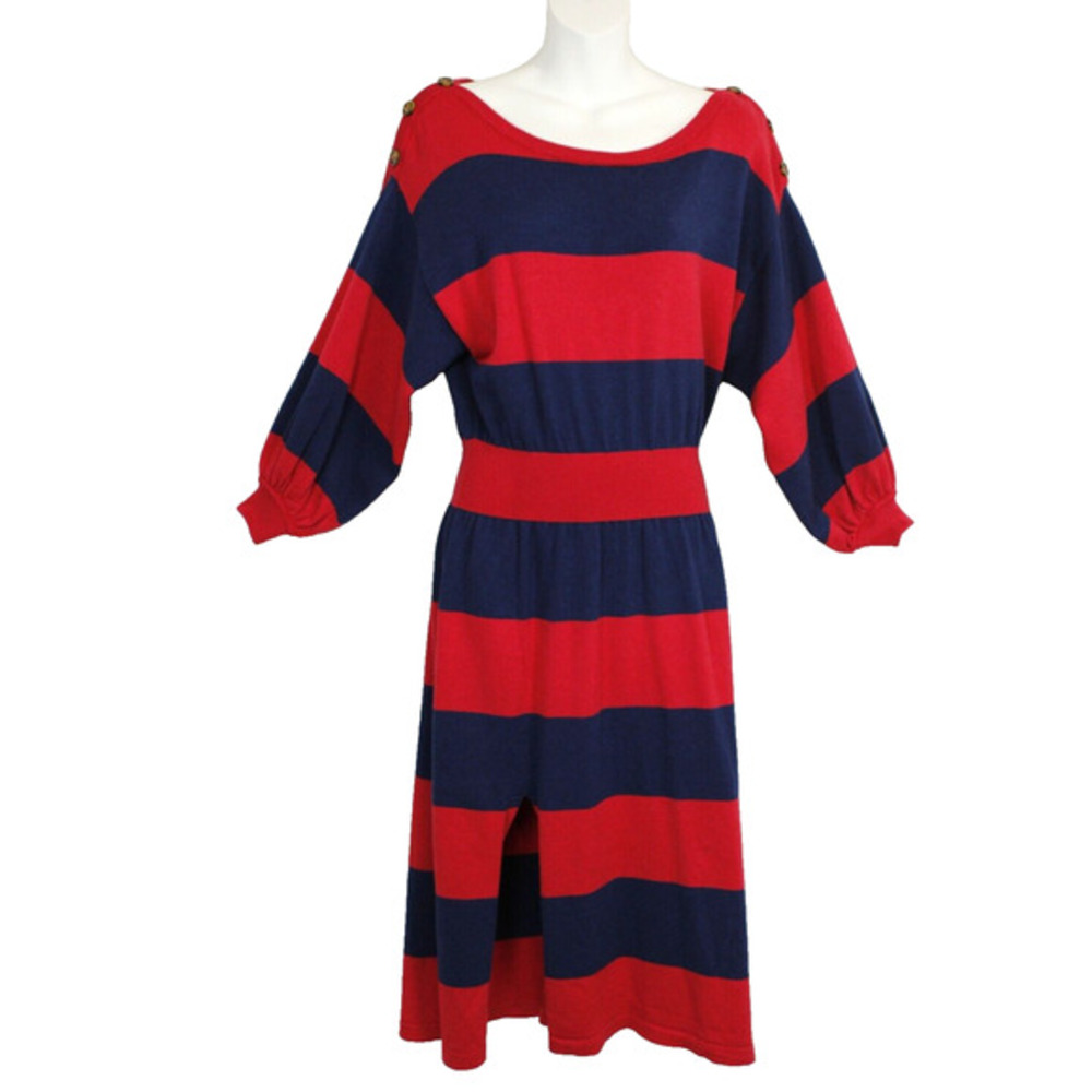 Free People Striped Knit Sweater Dress Women XS Red Blue Boatneck Balloon Sleeve